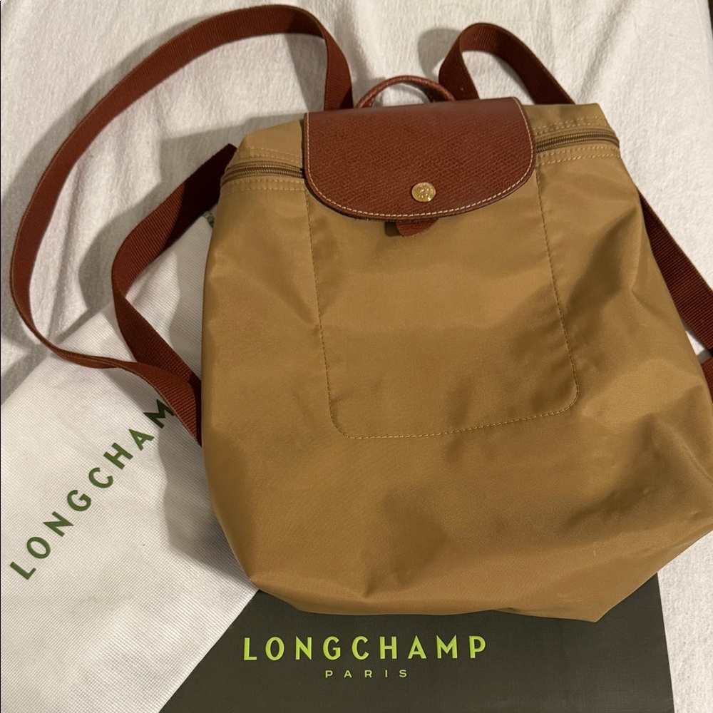 **SOLD**.   Longchamp Tan and Brown Backpack